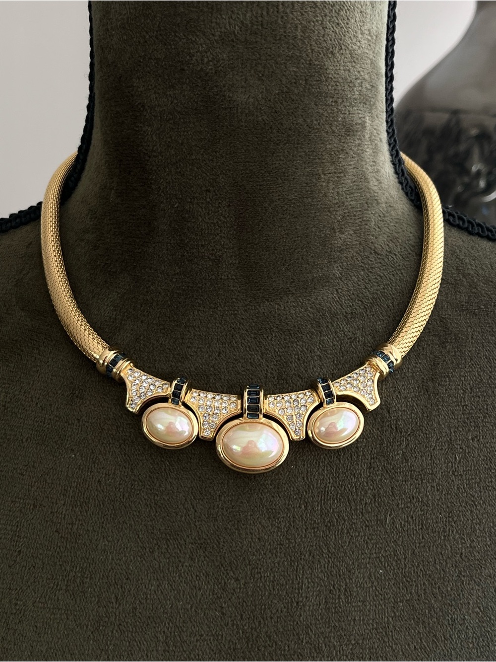 Authentic Vintage Dior Oval Pearl Cabochon Blue Stone Mesh Gold Bib Necklace